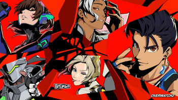 Rule 34 | all-out attack, black hair, blonde hair, breikka, colorful background, cut-in, d.va (overwatch), dark-skinned male, dark skin, genji (overwatch), lifeweaver (overwatch), looking at viewer, mercy (overwatch), one eye closed, overwatch, persona, persona 5, tongue, tongue out, wuyang (overwatch)