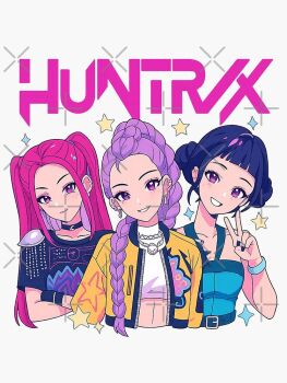 3girls artist_request black_hair body_markings braid braided_ponytail commentary_request crop_top double_bun earrings hair_bun jewelry kpop_demon_hunters long_braid long_hair looking_at_viewer mira_(kpop_demon_hunters) multiple_girls non-web_source pink_hair purple_hair rumi_(kpop_demon_hunters) shirt short_hair sidelocks smile source_request twintails zoey_(kpop_demon_hunters)