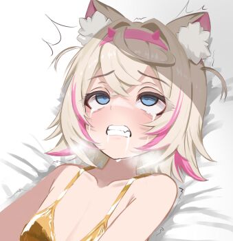 1girl animal_ear_fluff animal_ears bikini blonde_hair blue_eyes crying crying_with_eyes_open dog_ears dog_girl fake_horns gold_bikini hairband highres hololive hololive_english horn_hairband implied_sex lucien_000298 lying mococo_abyssgard on_back pink_hair pink_hairband saliva solo swimsuit tears teeth virtual_youtuber