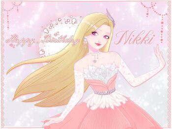 Rule 34 | bare shoulders, bead necklace, beads, blonde hair, border, character name, closed mouth, collarbone, commentary, detached sleeves, dress, earrings, english commentary, eyelashes, fairytale swan (infinity nikki), feather-trimmed dress, feather hair ornament, feathers, gown, gradient background, grey background, hair ornament, happy, happy birthday, heart, heart necklace, highres, infinity nikki, jewelry, lace, lace sleeves, laynesovarts, light blush, light particles, lipstick, long hair, long sleeves, looking at viewer, makeup, necklace, nikki (series), outside border, pink background, pink dress, pink eyes, pink lips, pleated dress, shirt, sleeves past wrists, smile, straight hair, strapless, strapless dress, striped clothes, striped dress, vertical-striped clothes, vertical-striped dress, very long hair, watermark, white border, white shirt