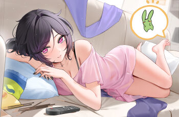 1girl absurdres ashley_graves bag_of_chips bare_legs bare_shoulders barefoot basilcopperhand black_bra black_choker black_hair black_nails black_panties bra bra_visible_through_clothes breasts bright_pupils choker cleavage commentary commission controller couch cowlick dutch_angle english_commentary feet food full_body grin hair_between_eyes hair_intakes head_on_pillow highres implied_incest indoors knees_together_feet_apart light_particles looking_at_viewer lying medium_breasts medium_hair nail_polish navel o-ring o-ring_choker off-shoulder_shirt off_shoulder on_couch on_side own_hands_together panties pillow pink_eyes pink_shirt pocky ponytail remote_control see-through_clothes see-through_shirt shirt short_sleeves smile solo spoken_animal the_coffin_of_andy_and_leyley toes underwear