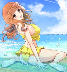 Rule 34 | 1girl, ass, barefoot, beach, bikini, bikini skirt, blue sky, blunt bangs, breasts, brown eyes, brown hair, cloud, commentary request, day, from behind, girls und panzer, highres, horizon, kumaisao, large breasts, long hair, looking at viewer, looking back, ocean, outdoors, partially submerged, sitting, sky, solo, swimsuit, takebe saori, wariza, water drop, yellow bikini