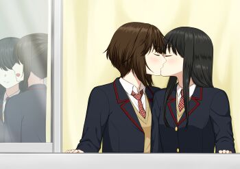 4girls absurdres black_hair black_jacket blazer blush brown_hair closed_eyes closed_mouth collared_shirt commentary_request curtains from_outside highres jacket kiss long_hair multiple_girls necktie open_mouth original red_necktie ryuusa school_uniform shirt short_hair smile sweater white_shirt window yellow_sweater yuri
