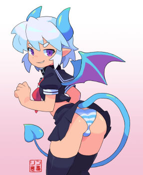 ass bulge collar crop_top crossdressing demon horns panties pointy_ears purple_eyes rin_nightmare school_uniform single_thighhigh skirt striped_clothes striped_panties sulfur tail thighhighs trap underwear white_hair wings