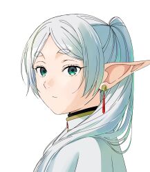 Rule 34 | 1girl, absurdres, aqua eyes, capelet, closed mouth, earrings, elf, frieren, from side, highres, jewelry, long hair, looking at viewer, nagasawa reiko (animator), pointy ears, simple background, solo, sousou no frieren, thick eyebrows, twintails, upper body, white background, white capelet, white hair
