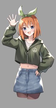 1girl :d alternate_costume black_pantyhose bow_hairband cropped_jacket cropped_legs cropped_shirt denim denim_skirt go-toubun_no_hanayome green_hairband green_jacket grey_background hair_between_eyes hairband hand_on_own_hip hand_up highres hood hood_down hooded_jacket jacket long_sleeves medium_hair midriff nakano_yotsuba open_mouth orange_hair pantyhose peace_symbol profnote shirt skirt smile solo waving white_shirt zipper_pull_tab