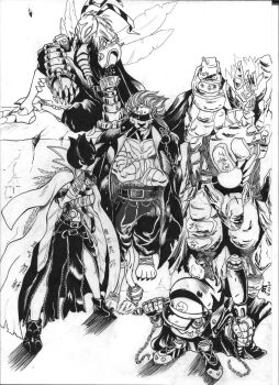 Rule 34 | 1girl, 4boys, banchogolemon, bancholeomon, bancholilimon, banchomamemon, banchostingmon, banchou, baseball bat, belt, coat, coat on shoulders, delinquent, digimon, hat, highres, multiple boys, scar