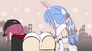 2girls all_fours android animal_ears animated ass ass_shake ass_smack audible_music audible_speech blue_hair bow braid carrot_hair_ornament carrot_in_pocket commentary_request cosplay dokuro-kun_(houshou_marine) don-chan_(usada_pekora) east-west_crossover food-themed_hair_ornament glowing glowing_eye hair_bow hair_ornament highres hololive hong_hongcha houshou_marine houshou_marine_(summer) jewelry looping_animation monster_girl multiple_girls necklace orange_eyes rabbit_ears rabbit_girl rabbit_tail red_eyes red_hair rev-9 rev-9_(cosplay) short_shorts shorts slime_girl sound t-800 t-800_(cosplay) tagme tail terminator:_dark_fate terminator_(series) thick_eyebrows twin_braids usada_pekora usada_pekora_(1st_costume) video virtual_youtuber what white_hair yellow_eyes yuri