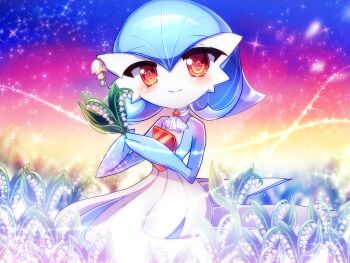 Rule 34 | 1girl, alternate color, alternate hairstyle, ascot, blue hair, blue skin, blurry, blurry background, blush, chisen maimai, closed mouth, colored skin, depth of field, earrings, female focus, field, flat chest, flower, flower earrings, flower field, gardevoir, gen 3 pokemon, gradient background, gradient sky, hair between eyes, hands up, happy, holding, holding flower, jewelry, libra (symbol), lily of the valley, looking at viewer, multicolored skin, nintendo, on ground, orange eyes, outdoors, own hands together, pokemon, pokemon (creature), shiny pokemon, short hair, sitting, sky, smile, solo, sparkle, split mouth, star (symbol), sunset, symbol-shaped pupils, two-tone skin, white ascot, white flower, white skin