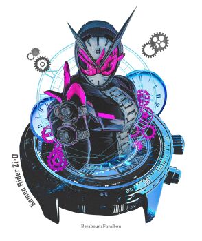 Rule 34 | 1boy, analog clock, artist name, black bodysuit, bodysuit, character name, clock, clock hands, facing viewer, fake horns, gears, helmet, highres, horned helmet, horns, index finger raised, kamen rider, kamen rider zi-o, kamen rider zi-o (series), male focus, obakelope0530, pointing, pointing up, rider watch, simple background, solo, tokusatsu, upper body, v-fin, white background