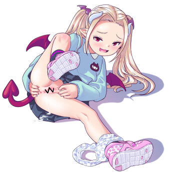 1girl :d aftersex anus blonde_hair blue_shirt blue_skirt blush bow bow_panties bow_print censored cum cum_in_pussy cum_on_clothes cum_on_skirt cum_pool cumdrip demon_girl demon_horns demon_tail demon_wings fangs female_focus food_print from_below full_body grey_socks hair_ornament heart heart_socks highres horns ice_cream_cone ice_cream_print kindergarten_uniform leg_lift leg_up loli long_sleeves looking_at_viewer lying name_tag nintendo on_side open_mouth original panties panties_around_leg parted_hair pink_shoes pleated pleated_skirt pointy_ears poke_ball poke_ball_print pokemon print_footwear print_panties print_socks print_underwear pussy red_eyes shirt shoe_soles shoes simple_background skirt sleeves_past_wrists smile socks solo spread_legs tail tsurime twintails underwear unmaker velcro velcro_footwear white_background white_panties wing_hair_ornament wings