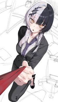 1girl alternate_costume black_hair black_jacket black_nails black_pants black_shoes black_suit blue_necktie blunt_bangs breasts clothes_grab collared_shirt dress_pants dress_shirt fingernails foreshortening formal_clothes grey_hair hair_ornament hashtag-only_commentary high_heels highres hololive hololive_english jacket large_breasts long_hair looking_at_viewer loose_necktie multicolored_hair nail_polish necktie necktie_grab neckwear_grab open_mouth outstretched_arm pants pumps shiori_novella shirt shoes solo sooby600211 split-color_hair standing standing_on_one_leg suit suit_jacket two-tone_hair virtual_youtuber white_shirt yellow_eyes