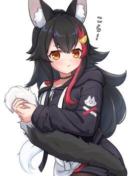 1girl animal_ear_fluff animal_ears black_choker black_hair black_hoodie black_pantyhose black_shorts choker closed_mouth hair_ornament hairpin highres holding_own_tail hololive hood hoodie long_hair looking_at_viewer morotade_kudou multicolored_hair official_alternate_costume ookami_mio ookami_mio_(hoodie) pantyhose red_streaks shorts solo streaked_hair tail two-tone_hoodie very_long_hair virtual_youtuber white_hoodie wolf_ears wolf_girl wolf_tail yellow_eyes