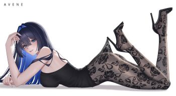 1girl alternate_costume arched_back ass asymmetrical_horns avene_chan black_camisole black_hair black_pantyhose blue_hair blunt_bangs blunt_ends breasts camisole colored_inner_hair commentary feet_up floral_print_pantyhose flower from_side full_body hair_intakes hair_ornament hashtag-only_commentary high_heels highres hololive hololive_english hooked_on_heel horns lace_pantyhose lace_pantyhose_hooked_on_heel_(meme) large_breasts long_hair looking_at_viewer lying meme mole multicolored_hair official_alternate_hairstyle on_stomach ouro_kronii pantyhose parted_lips sideboob simple_background solo strappy_heels tassel the_pose virtual_youtuber white_background