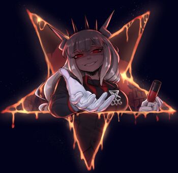 1girl black_background black_necktie breasts collared_shirt cup demon_girl demon_horns drinking_glass gloves grin helltaker highres holding holding_cup horns large_breasts lava long_sleeves lucifer_(helltaker) necktie pentagram red_eyes red_shirt shirt smile teeth tillshitposting white_gloves wine_glass