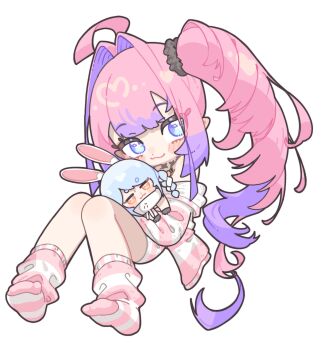 +_+ 1girl :3 absurdres ahoge alternate_costume alternate_hairstyle bare_legs black_scrunchie blue_eyes blush_stickers character_doll closed_mouth doll don-chan_(usada_pekora) double-parted_bangs eyelashes fugota6509 full_body hair_intakes hair_ornament hair_scrunchie hashtag-only_commentary heart highres hololive hololive_dev_is kikirara_vivi knees_together_feet_apart long_hair looking_at_viewer loose_socks multicolored_hair off_shoulder pajamas pink_hair pink_pajamas pink_socks purple_hair scrunchie side_ponytail sidelocks simple_background smile socks solo striped_clothes striped_pajamas striped_socks two-tone_hair usada_pekora very_long_hair virtual_youtuber white_background white_pajamas white_socks