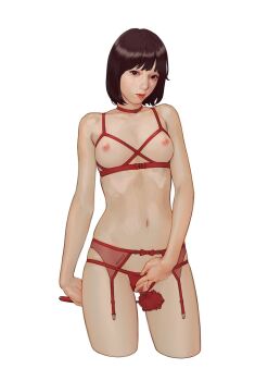 1girl bra breasts brown_eyes brown_hair choker cropped_legs duster feather_duster garter_straps highres looking_at_viewer medium_breasts medium_hair original panties parrot30198432 pussy red_bra red_choker red_lips red_panties spread_pussy uncensored underwear white_background