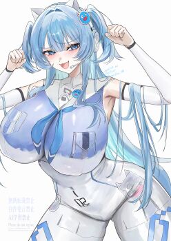 Rule 34 | 1girl, :3, absurdres, animal ear headphones, animal ears, april fools, bodypaint, bodysuit, cat ear headphones, cat ears, commentary request, earpiece, fake animal ears, fangs, goddess of victory: nikke, grey nails, headphones, highres, mekami shifty (nikke), miumiumi 99, multicolored bodysuit, nail polish, number print, official alternate design, painted clothes, short twintails, simple background, solo, twintails, white background, white bodysuit