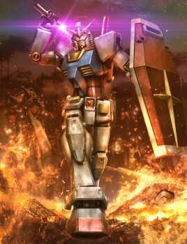 after_battle artist_request burning destruction earth_federation energy energy_sword fire glowing gundam highres lens_flare machinery mecha mecha_focus mobile_suit mobile_suit_gundam no_humans official_art promotional_art realistic robot roundel ruins rx-78-2_gundam science_fiction shield sword v-fin weapon