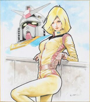 Rule 34 | 1girl, artist name, blonde hair, blue eyes, bodysuit, commentary, gundam, highres, ikeda kazuhiro, lips, looking at viewer, mecha, mecha pilot suit, mobile suit, mobile suit gundam, normal suit (gundam), robot, rx-78-2 gundam, sayla mass, science fiction, short hair, solo, traditional media, v-fin, yellow bodysuit, yellow eyes