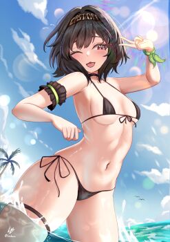 1girl :3 ;d absurdres arm_strap arm_up azur_lane bare_shoulders bikini black_bikini black_hair black_headband blue_sky blush breasts cleavage clothes_writing cloud collarbone commentary commission cooper_(azur_lane) cowboy_shot day english_commentary hachimaki hair_between_eyes headband highres lens_flare loob navel ocean one_eye_closed open_mouth outdoors palm_tree pink_eyes pixiv_commission short_hair side-tie_bikini_bottom sidelocks signature sky small_breasts smile solo standing swimsuit thigh_strap tree v wading wristband
