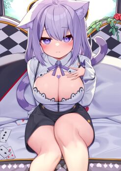1girl absurdres ahoge animal_ear_fluff animal_ears blush bow bowtie breasts card cat_ears cat_girl cat_tail cleavage collared_shirt deaver hair_between_eyes highres hololive large_breasts long_sleeves looking_at_viewer medium_hair nekomata_okayu nekomata_okayu_(wonderland) pencil_skirt purple_eyes purple_hair shirt sitting skirt solo tail virtual_youtuber