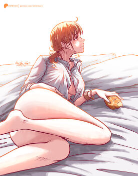 Rule 34 | 1girl, a mimishi, ass, bangle, bare legs, barefoot, bed sheet, blush, bracelet, breasts, brown eyes, closed mouth, collared shirt, commentary, dated, english commentary, feet out of frame, highres, holding seashell, jewelry, large breasts, legs, log pose, low twintails, lying, nami (one piece), no pants, official alternate costume, official alternate hairstyle, on side, one piece, one piece: strong world, orange hair, paid reward available, partially unbuttoned, patreon username, pillow, profile, shirt, short hair, signature, solo, thighs, twintails, white shirt