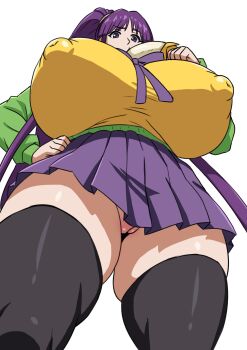 1girl banana black_thighhighs breasts commission duo_kawa eating eiken female_focus food fruit hand_on_own_hip highres huge_breasts long_hair misono_kirika no_panties ponytail purple_eyes purple_hair pussy shiny_skin simple_background skirt thighhighs thighs white_background