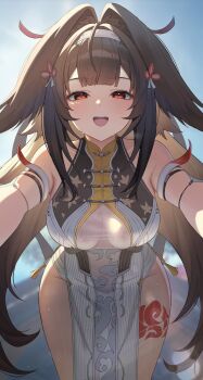 1girl absurdres animal_ear_fluff animal_ears armlet bare_shoulders blurry blurry_background blush breasts brown_hair china_dress chinese_clothes clover clover_hair_ornament commentary_request cowboy_shot dress droopy_ears hair_ornament hairband half-closed_eyes highres jewelry large_breasts leaning_forward long_hair open_mouth red_eyes silver_armlet solo sweat unnunal_(unneonal) very_long_hair white_dress white_hairband ye_shunguang zenless_zone_zero