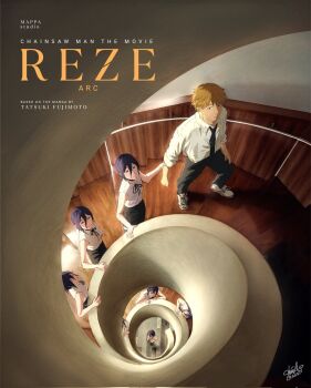 1boy 1girl black_pants black_ribbon black_shorts blonde_hair chainsaw_man copyright_name denji_(chainsaw_man) hair_between_eyes highres laillnii neck_ribbon pants purple_hair reze_(chainsaw_man) ribbon shirt shirt_tucked_in short_hair shorts sleeveless sleeveless_shirt spiral_staircase stairs white_shirt