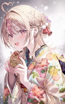 1girl 2026 absurdres ahoge brown_hair commentary_request floral_print floral_print_kimono hands_up highres holding japanese_clothes kimono long_sleeves looking_at_viewer momoko_(momopoco) multicolored_hair open_mouth original pink_eyes pink_hair pink_nails print_kimono smile streaked_hair teeth upper_body upper_teeth_only wide_sleeves