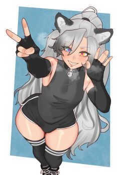 1boy absurdres animal_ears bare_shoulders bell black_choker black_gloves black_shirt black_shoes black_shorts black_thighhighs blue_eyes blush breath bulge choker commentary commission dolphin_shorts english_commentary fingerless_gloves full_body gloves grey_hair hair_between_eyes hands_up heart heart-shaped_pupils heterochromia highres jingle_bell kanoji_(ni_kanojo) long_hair looking_at_viewer male_focus original shirt shoes short_shorts shorts sleeveless sleeveless_shirt smile solo symbol-shaped_pupils thick_thighs thighhighs thighs trap v yellow_eyes