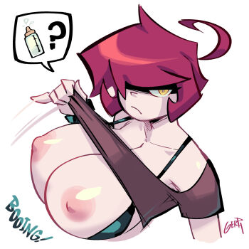 annoyed bouncing_breasts breasts clothes_lift covered_eyes gerph hair_between_eyes highres huge_breasts invader_zim nipples red_hair yellow_eyes