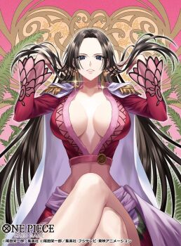 1girl black_hair blue_eyes boa_hancock breasts breasts_apart cape commentary_request copyright_name crop_top crossed_legs earrings epaulettes glint hood hooded_cape jewelry koushi_rokushiro kuja_pirates_jolly_roger large_breasts long_hair long_sleeves narrow_waist official_art one_piece one_piece_card_game parted_lips sash sidelocks skirt snake_earrings solo white_cape
