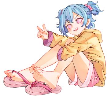 1girl bare_legs barefoot blush chaosexceed drawstring feet female_focus full_body hair_bobbles hair_ornament hood hood_down hoodie knees_up long_sleeves looking_at_viewer open_mouth original paid_reward_available pink_eyes pink_sandals pink_shorts sandals short_hair short_shorts short_twintails shorts simple_background sitting sleeves_past_wrists smile soles solo teeth thighs toes twintails unworn_sandals upper_teeth_only v white_background yellow_hoodie