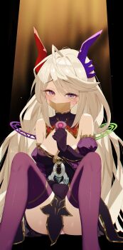 1girl absurdres asymmetrical_horns breasts cleavage commentary_request detached_sleeves dress duct_tape duel_masters duel_masters_play&#039;s gag gloves gold_trim hair_ornament highres horns long_hair looking_at_viewer low_twintails m_legs multicolored_eyes nero_gryphis_(duel_masters) off-shoulder_dress off_shoulder panties pantyshot pink_panties purple_dress purple_eyes purple_gloves purple_horns purple_thighhighs red_horns spotlight spread_legs suciktcieextpvv sweatdrop thighhighs twintails underwear very_long_hair yellow_eyes