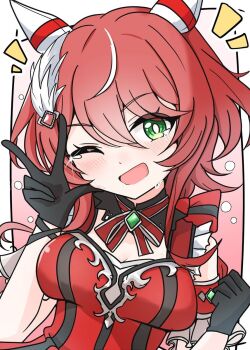 1girl animal_ears arnolddayo blush bow breasts commentary_request dress ear_covers ear_ornament feather_hair_ornament feathers gem gloves green_eyes green_gemstone hair_between_eyes hair_ornament highres horse_ears horse_girl large_breasts long_hair looking_at_viewer one_eye_closed open_mouth red_bow red_dress red_hair sleeveless smile solo sweat umamusume upper_body w win_variation_(dramatic_tutu)_(umamusume) win_variation_(umamusume)