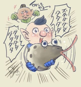 Rule 34 | +++, 2boys, afterimage, alph (pikmin), arms up, artist name, big nose, blue eyes, blue gloves, blue hair, blush, brown hair, charlie (pikmin), clenched hands, commentary request, creature, cropped torso, dark-skinned male, dark skin, dokumushi-rock, facial hair, freckles, gloves, green background, green gloves, happy, holding, holding creature, long tongue, looking ahead, looking at another, male focus, mohawk, motion lines, multiple boys, mustache, nintendo, no headwear, open mouth, pikmin (series), pointy ears, saliva, short hair, simple background, smile, spacesuit, speech bubble, tongue, translation request, very short hair, watermark, whiptongue bulborb