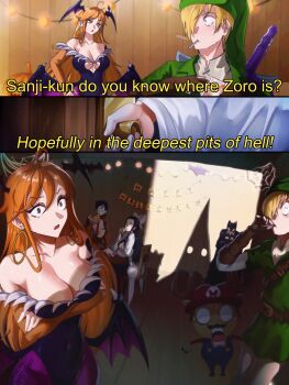 2girls 5boys bare_shoulders batman batman_(cosplay) batman_(series) breasts cigarette cleavage cleavage_cutout clothing_cutout cosplay covered_navel darkstalkers dc_comics decorations doorknob english_text halloween halloween_costume highres kimetsu_no_yaiba kochou_shinobu kochou_shinobu_(cosplay) ku_klux_klan large_breasts link link_(cosplay) mario mario_(cosplay) mario_(series) monkey_d._luffy morrigan_aensland morrigan_aensland_(cosplay) multiple_boys multiple_girls nami_(one_piece) nico_robin nintendo one_piece opalis photo_(object) roronoa_zoro sanji_(one_piece) shadow surprised sweat tearing_up tears the_legend_of_zelda tony_tony_chopper usopp