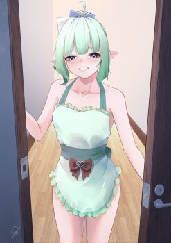Rule 34 | 1girl, absurdres, alternate costume, alternate hairstyle, apron, back bow, blue eyes, blush, bow, commentary, densetsu.exe, doorway, english commentary, foot out of frame, frilled apron, frills, gradient hair, green apron, green hair, grin, highres, indoors, looking at viewer, maid apron, mint fantome, multicolored hair, naked apron, ponytail, pov doorway, short hair, smile, solo, syxh, triangular headpiece, virtual youtuber