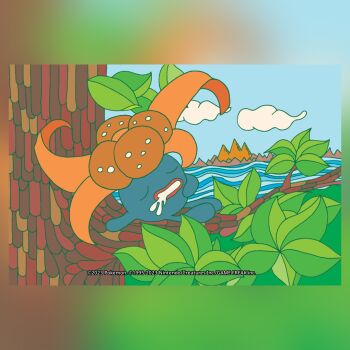 blue_sky closed_eyes cloud commentary company_name copyright_name copyright_notice day drooling english_commentary gloom_(pokemon) in_tree leaf lips mountainous_horizon nintendo no_humans official_art open_mouth outdoors pokemon pokemon_(creature) pokemon_focus pokemon_tcg sky smile solo third-party_source tree umemoto_kyouko water