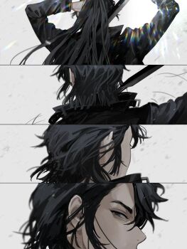 1girl black_coat black_eyes black_hair blackbox_(blackbox9158) coat cutting_hair cutting_own_hair genderswap genderswap_(mtf) hair_flowing_over highres holding holding_sword holding_weapon lens_flare long_hair looking_at_viewer looking_back messy_hair official_alternate_costume omniscient_reader's_viewpoint popped_collar serious split_screen sword weapon yoo_joonghyuk