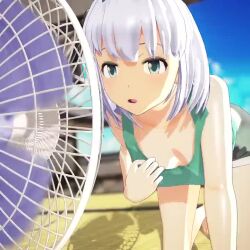 1girl 3d all_fours animated breasts convenient_arm convenient_censoring downblouse electric_fan green_eyes hairband hanging_breasts konpaku_youmu mofumoko5 no_bra short_hair small_breasts solo tagme touhou video white_hair