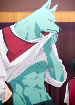 1boy animal_ears anime_screenshot blue_fur clothes_lift dog_boy dog_ears furry furry_male hidaka_tsunagu indoors jersey kimi_to_koete_koi_ni_naru male_focus midriff_peek muscular muscular_male shirt_lift solo stitched third-party_edit