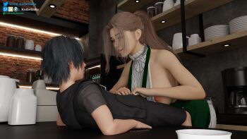 1boy 1girl 3d age_difference apron areola_slip bare_arms bare_shoulders barista-chan black_hair black_shirt black_shorts blender_(medium) breasts brick_wall brown_hair cash_register counter eye_contact final_fantasy final_fantasy_xv green_apron height_difference hetero high_ponytail huge_breasts imminent_fellatio indoors kudarizaka large_breasts looking_at_another nipple_slip nipples noctis_lucis_caelum onee-shota original parted_bangs ponytail reclining running_bond self-upload shirt shorts shota sideboob size_difference t-shirt undressing_another virgin_killer_sweater