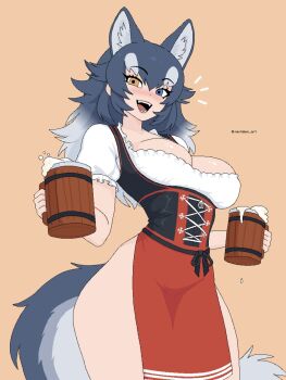 1girl alcohol aliasing animal_ear_fluff animal_ears apron barmaid beer_mug black_corset blue_eyes blush bottomless breasts brown_background bubble cleavage collar collarbone corset cross-laced_clothes cross-laced_corset cup dievturiba_(symbol) dirndl dot_nose extra_ears fangs foam frilled_collar frilled_shirt_collar frilled_sleeves frills german_clothes gradient_hair gradient_tail grey_hair grey_tail grey_wolf_(kemono_friends) hair_between_eyes heterochromia highres holding holding_cup kemono_friends lips long_hair looking_at_viewer medium_breasts mug multicolored_hair multicolored_tail narrow_waist nevtelen no_panties nose_blush notice_lines oktoberfest open_mouth overflowing pelvic_curtain pixel_art puffy_short_sleeves puffy_sleeves red_apron red_trim sepia shirt short_sleeves simple_background smile solo spilling sternocleidomastoid_muscle tail teeth thick_eyebrows tongue twitter_username two-tone_corset two-tone_hair two-tone_tail underbust waist_apron watermark white_hair white_shirt white_tail white_trim wide_hips wolf_ears wolf_girl wolf_tail wooden_cup yellow_eyes