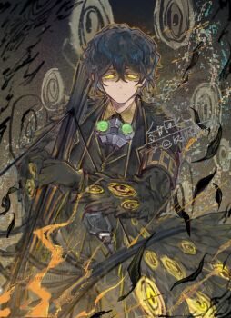 1boy black_feathers black_jacket black_vest blue_hair bow_(weapon) collared_shirt crossbow e.g.o_(project_moon) feathers glowing glowing_eyes goggles goggles_around_neck highres hohenheim_(project_moon) jacket kalliope_orc lamp_(e.g.o) limbus_company project_moon shirt short_hair solo vest weapon yellow_eyes