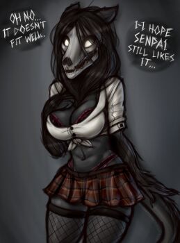 1girl absurdres black_hair bra breasts cleavage fishnet_legwear fishnet_pantyhose fishnets furry highres large_breasts long_hair monster_girl pantyhose revealing_clothes school_uniform scp-1471 scp_foundation shirt skirt skull snowyfeline tail thick_thighs thighs thong tied_shirt underwear whale_tail_(clothing) wolf_girl