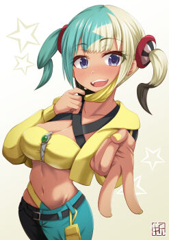 1girl black_pants blonde_hair blue_hair blue_pants breasts canari_(pokemon) cleavage dark-skinned_female dark_skin looking_at_viewer mask_pull medium_breasts medium_hair multicolored_hair nail_polish nintendo open_mouth orihara13 pants pokemon pokemon_legends:_z-a purple_eyes smile solo star_(symbol) teeth two-tone_hair two-tone_pants two_side_up upper_teeth_only v yellow_mask yellow_nails