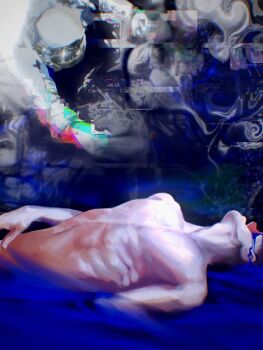 2others astronaut blood blue_blood broken_skull distortion glitch hand_on_own_wrist helmet highres hole_in_head kim_dokja lying macaronijail multiple_others omniscient_reader&#039;s_viewpoint on_back open_skull reaching reaching_towards_another ribs skinny space_helmet sparkle tongue tongue_out yoo_joonghyuk